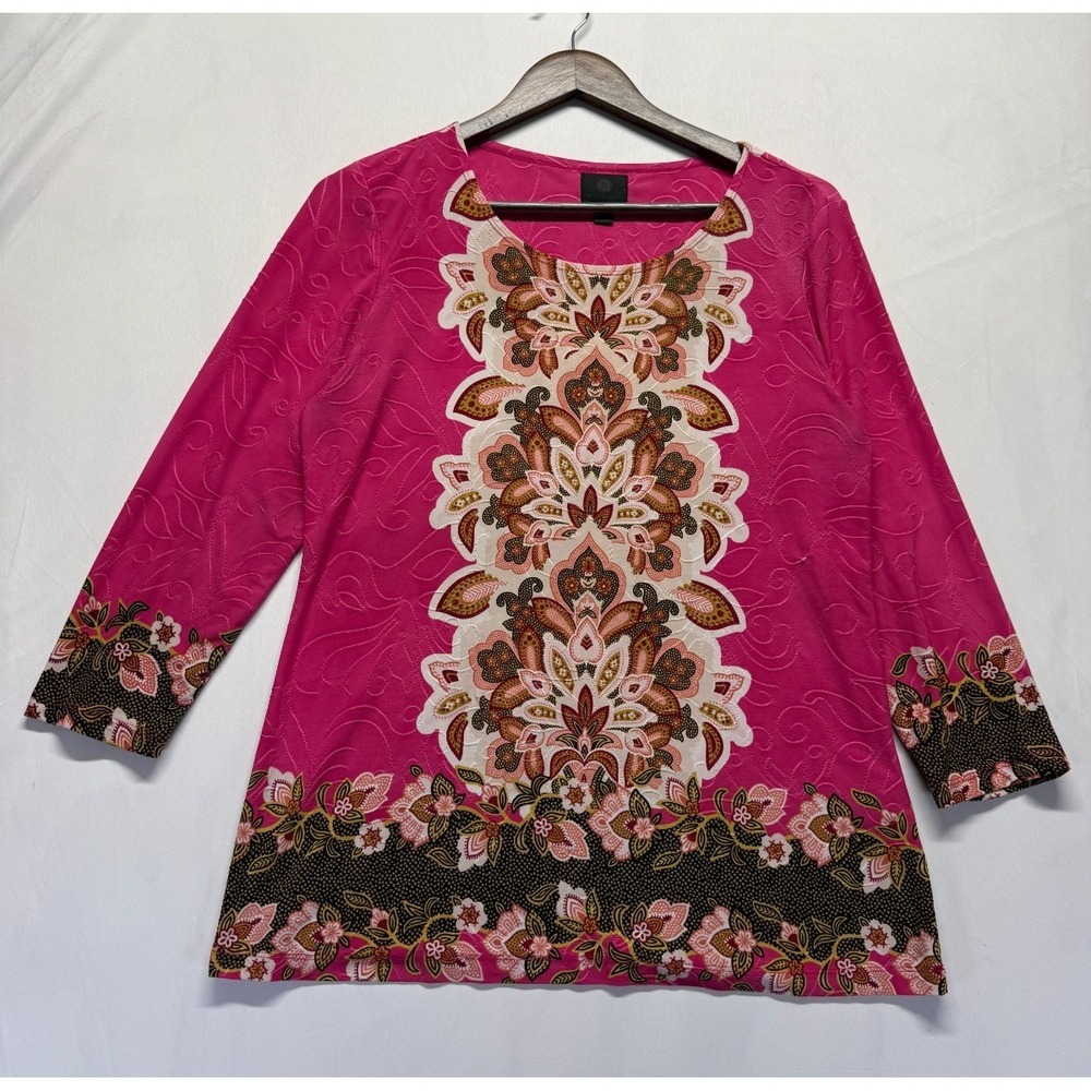 JM Collection Blouse Top Women Medium Pink Multi Floral Paisley Print Round Neck